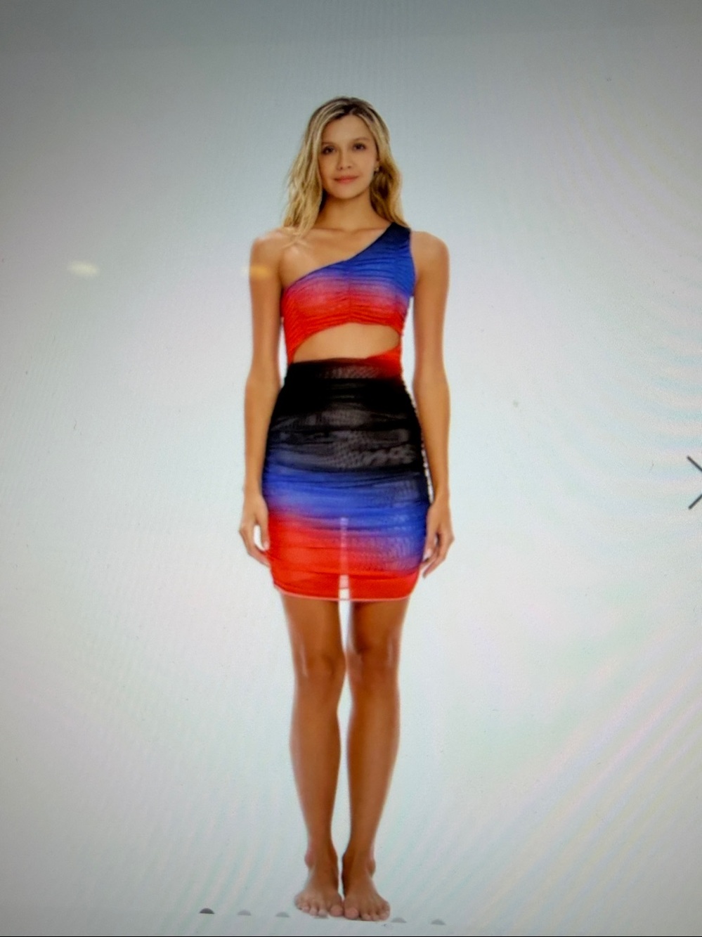 Agua Bendita One-Shoulder Ombre Red, Blue & Black Draped Dress